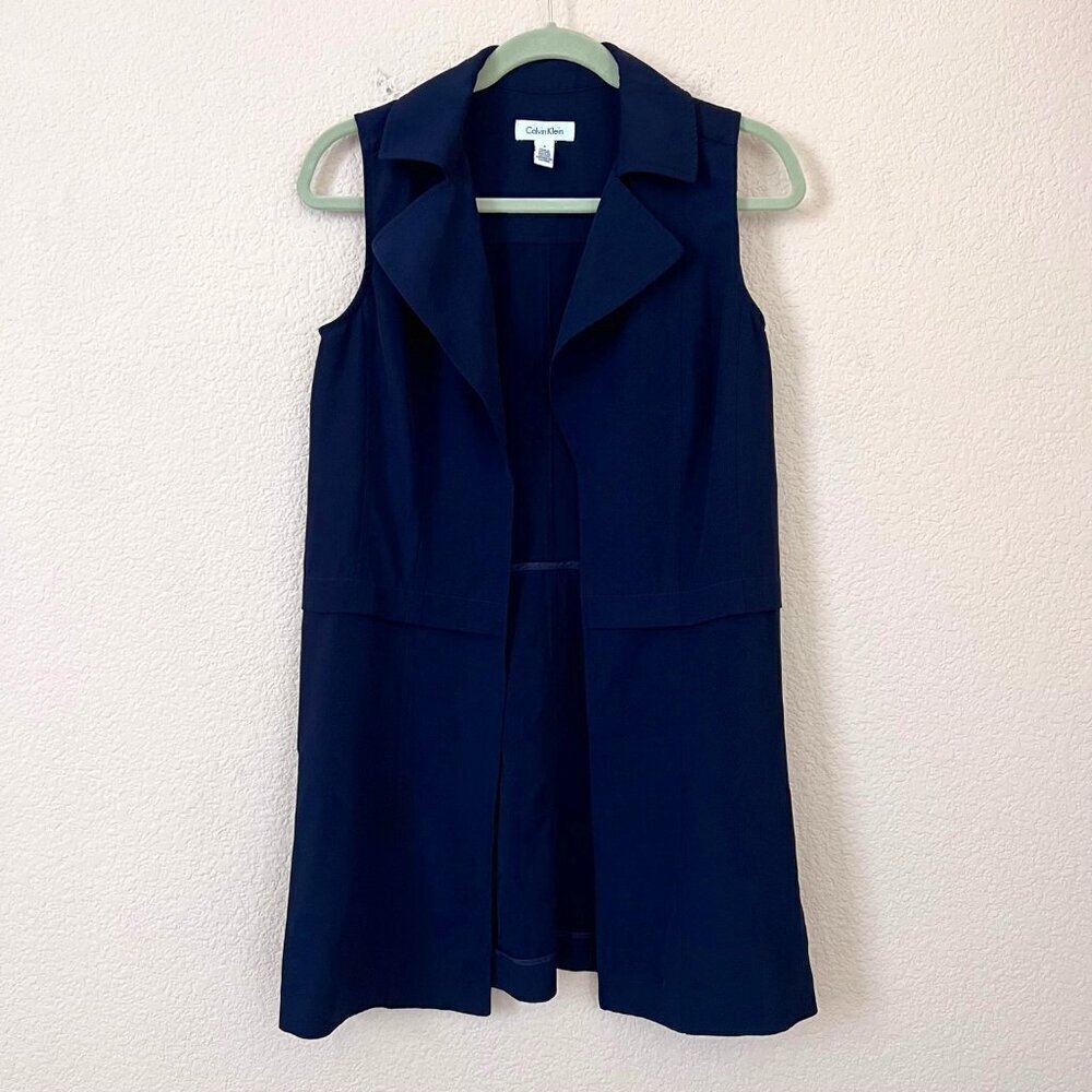 Calvin Klein Size 4 Women Navy Blue Open Front Duster Lightweight Stretch Vest